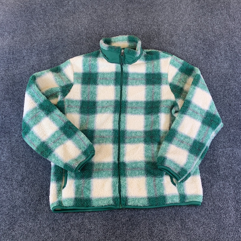 Uniqlo Windproof Fleece Jacket Unisex Kids 13 Green Check Mock Neck Full Zipper
